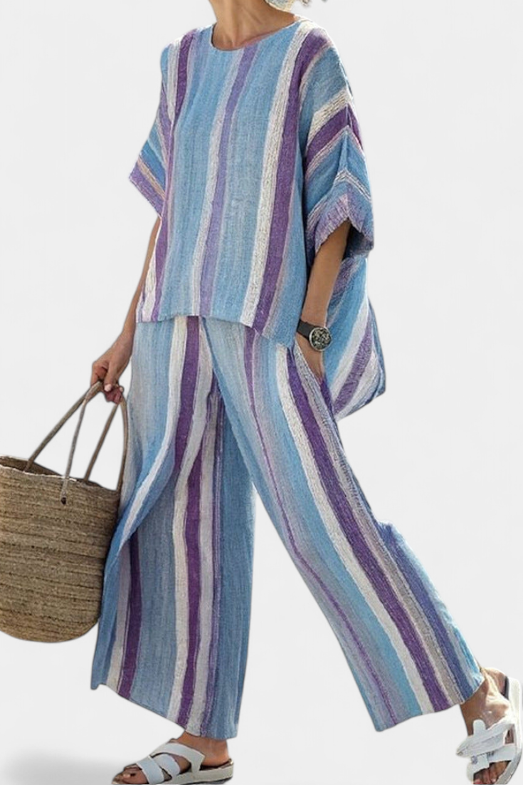 Faelith | Elegantes mauve pastellfarbenes Oberteil & gestreifte Leinenhose
