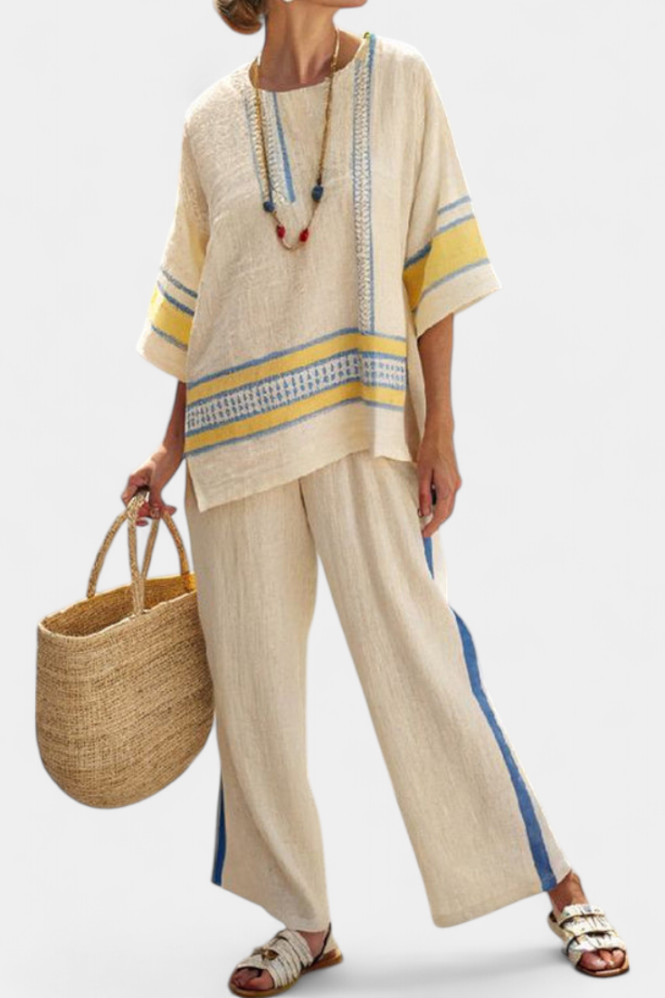 Jaxmere | Bequemes blau-gelbes mediterranes Oberteil & Leinenhose