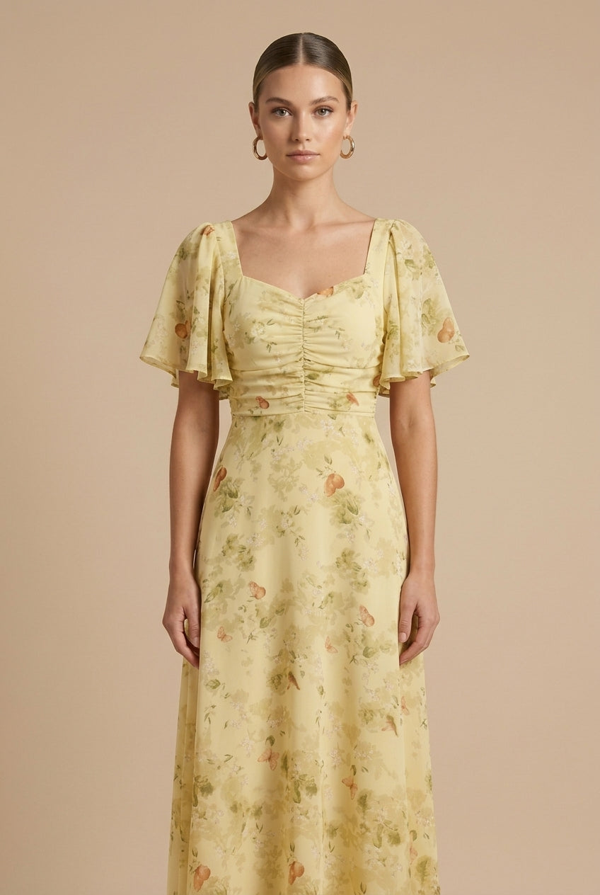 Damen Maxikleid mit Blumenmuster, quadratischem Ausschnitt und Puffärmeln