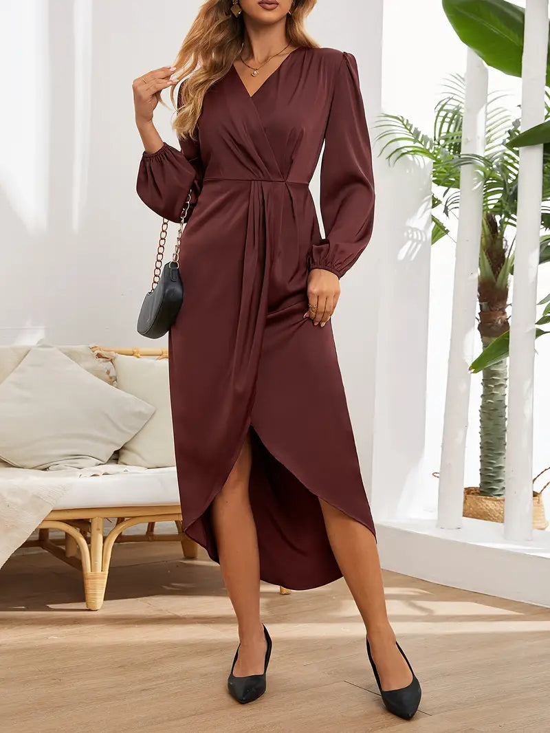 Theodora Damen langärmeliges Wickel Midikleid