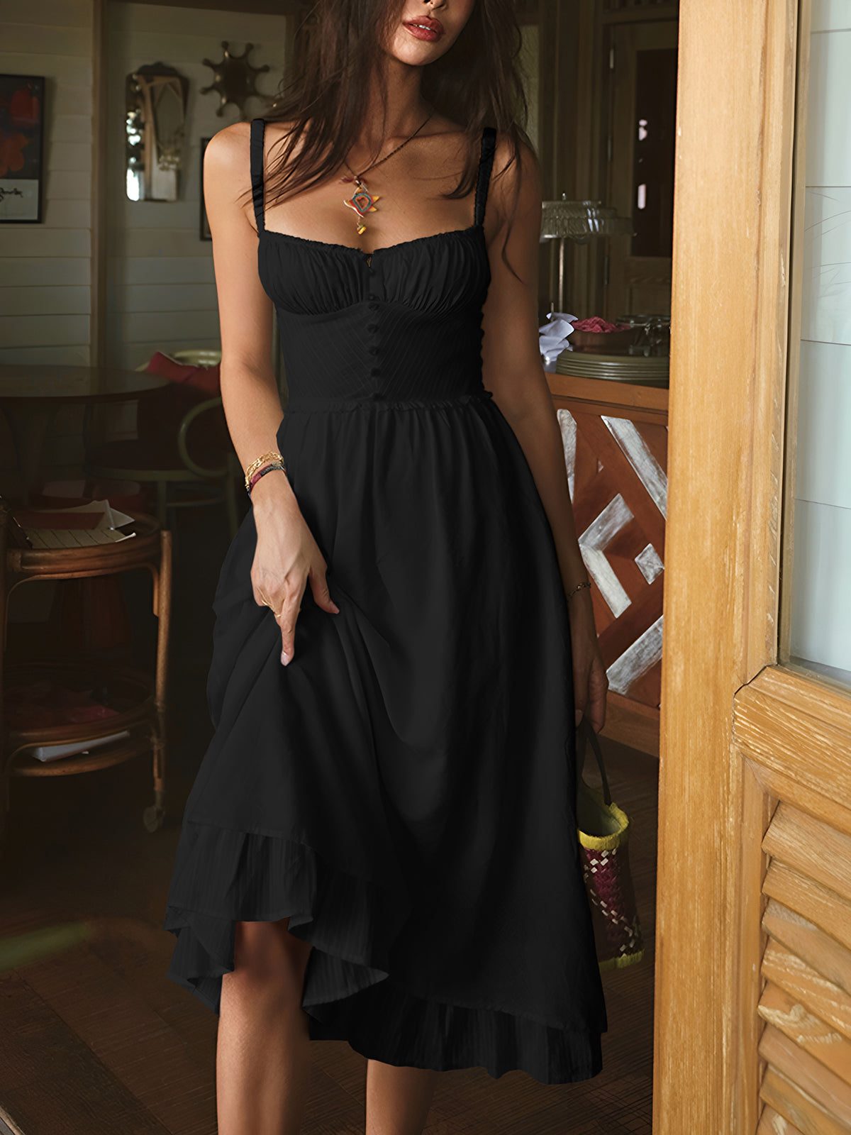Damen ärmelloses Midi Kleid mit Knopfleiste und Rüschensaum