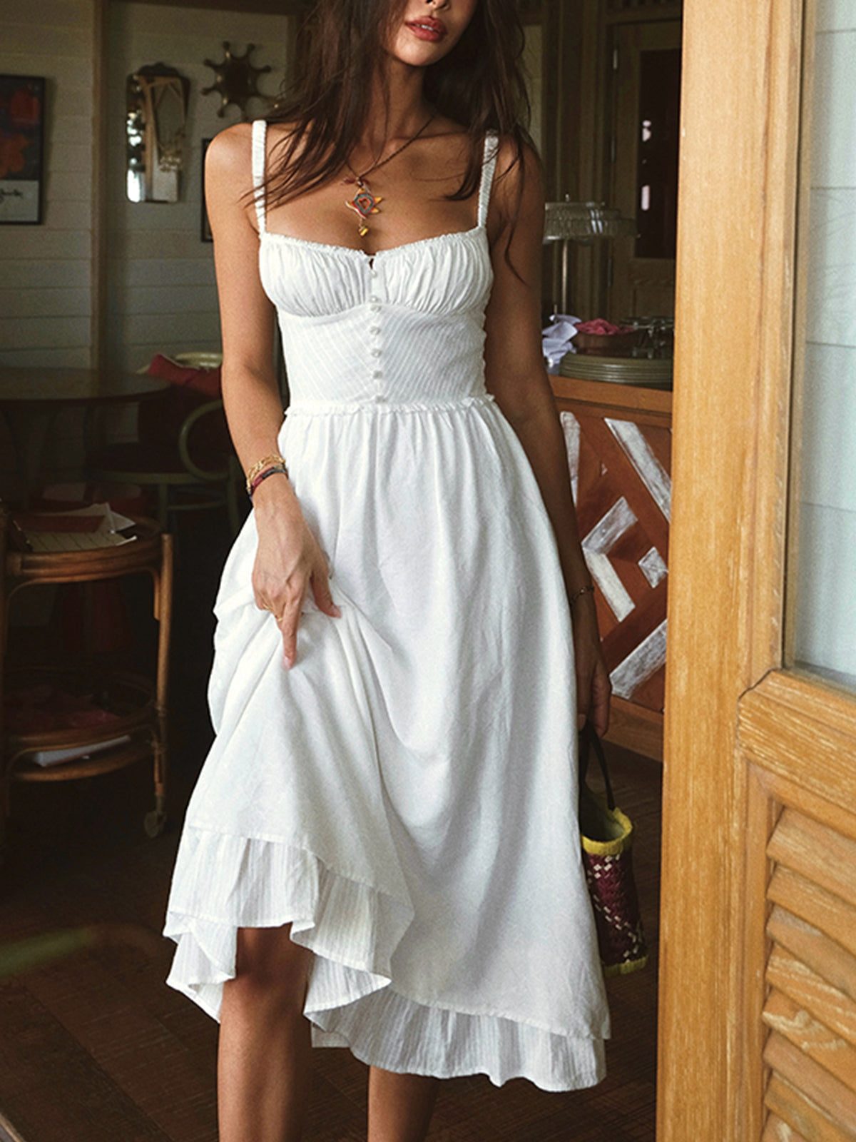 Damen ärmelloses Midi Kleid mit Knopfleiste und Rüschensaum