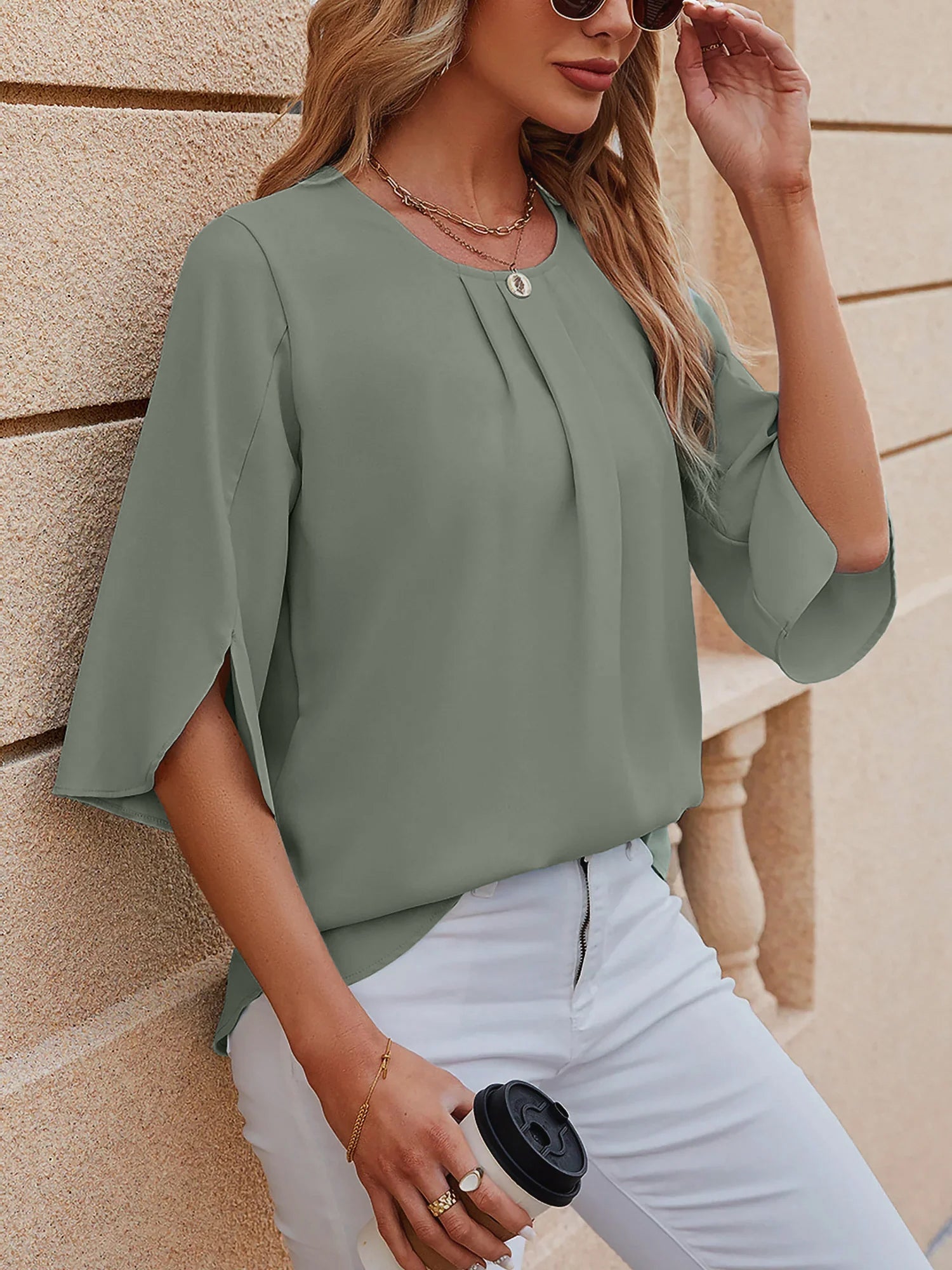 Leichte Fließende Unifarbene Rundhals Dreiviertelarm Chiffon Bluse