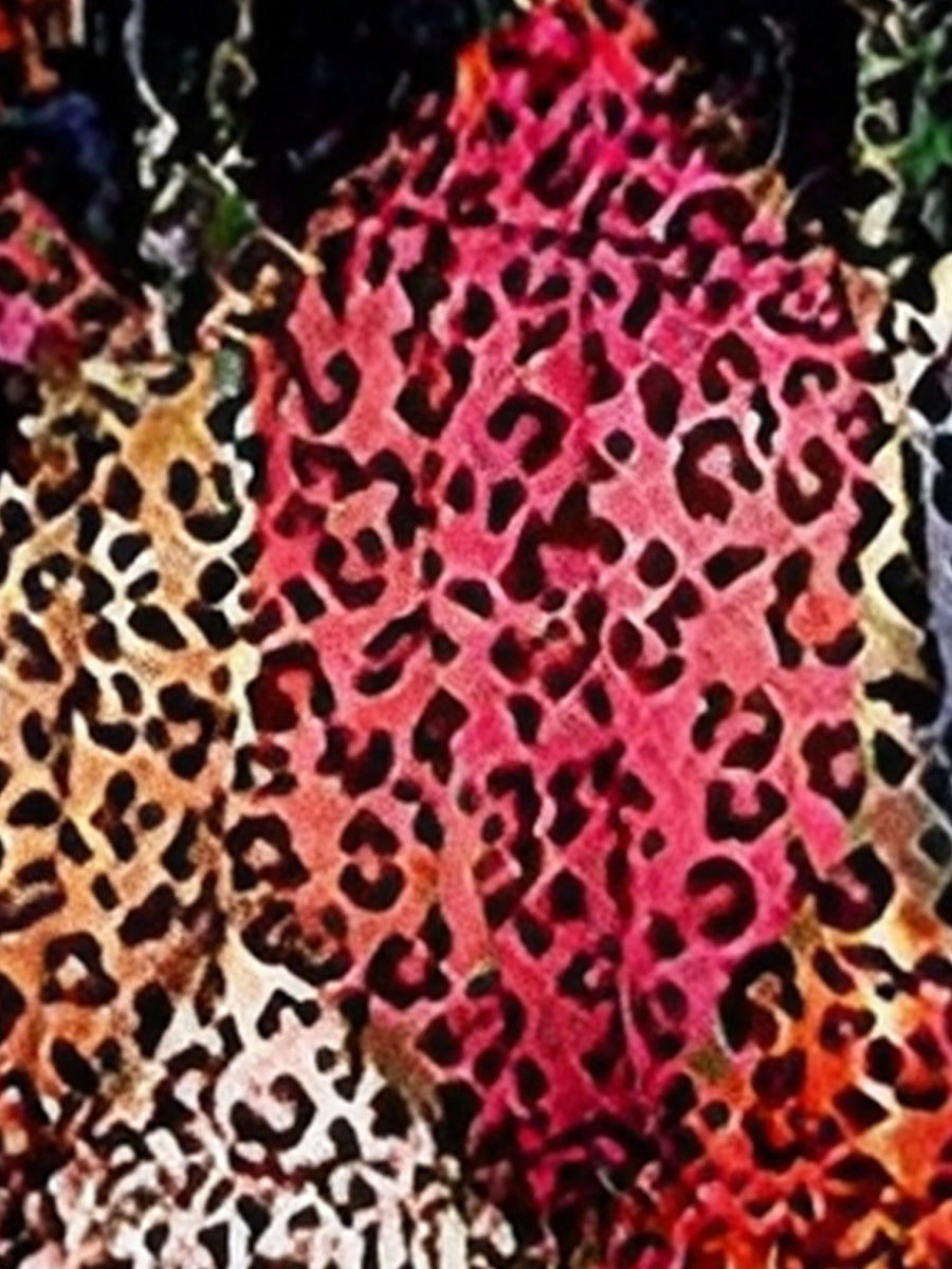 Leopardenmuster Minikleid V Ausschnitt Raffungen Oberteil Rüschen Stufenrock