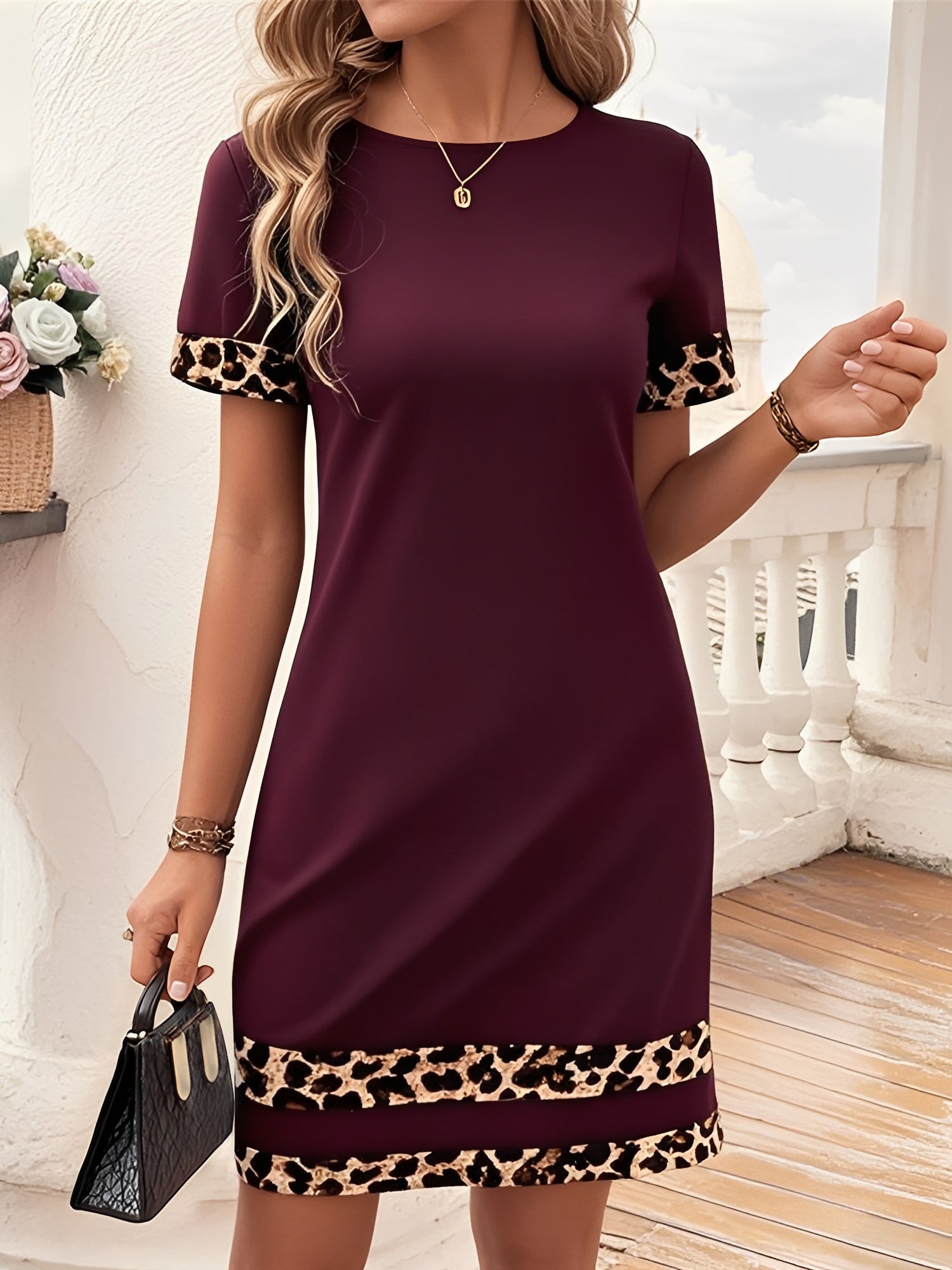 Leopardenmuster Patchwork Bootsausschnitt Kurzarm T Shirt Kleid