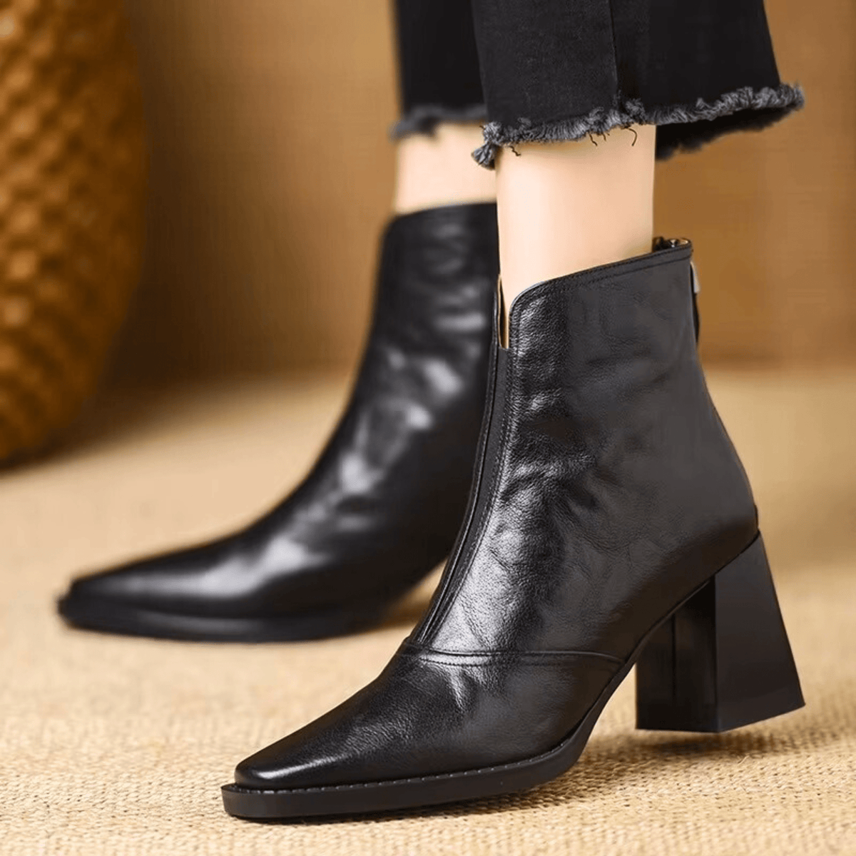 Damen Stiefeletten mit Blockabsatz und Reißverschluss