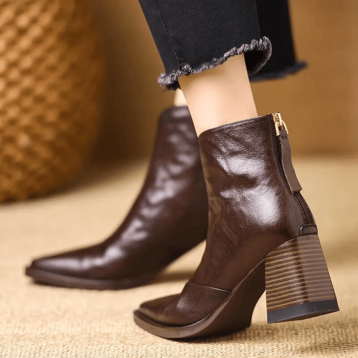 Damen Stiefeletten mit Blockabsatz und Reißverschluss