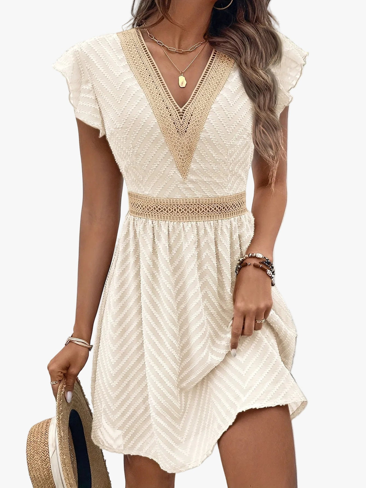 Damen gewebtes Minikleid mit V Ausschnitt und Volantärmeln