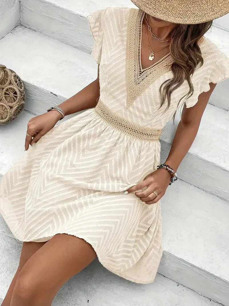 Damen gewebtes Minikleid mit V Ausschnitt und Volantärmeln